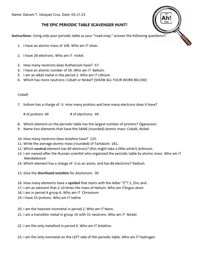Periodic table scavenger hunt download free pdf chemical elements
