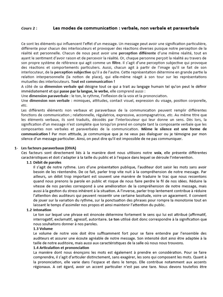 Cours 2 Communication Verbale Paravervale Et Non Verbale | PDF | la ...