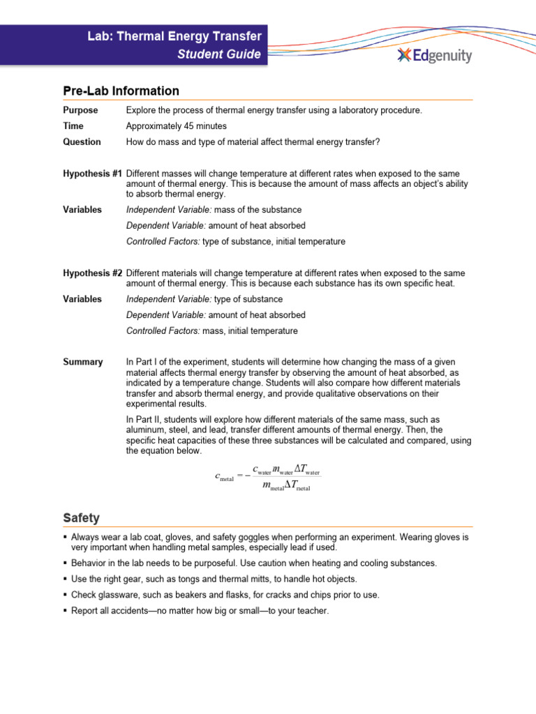 LabThermal Energy TransferStudent Guide PDF Heat Temperature