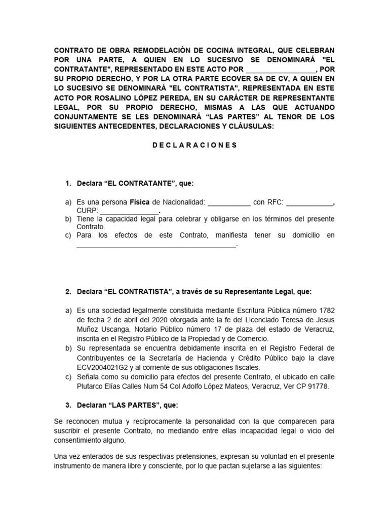 Contrato de Remodelación de Cocina | PDF | Finanzas y dinero | Ciencias ...