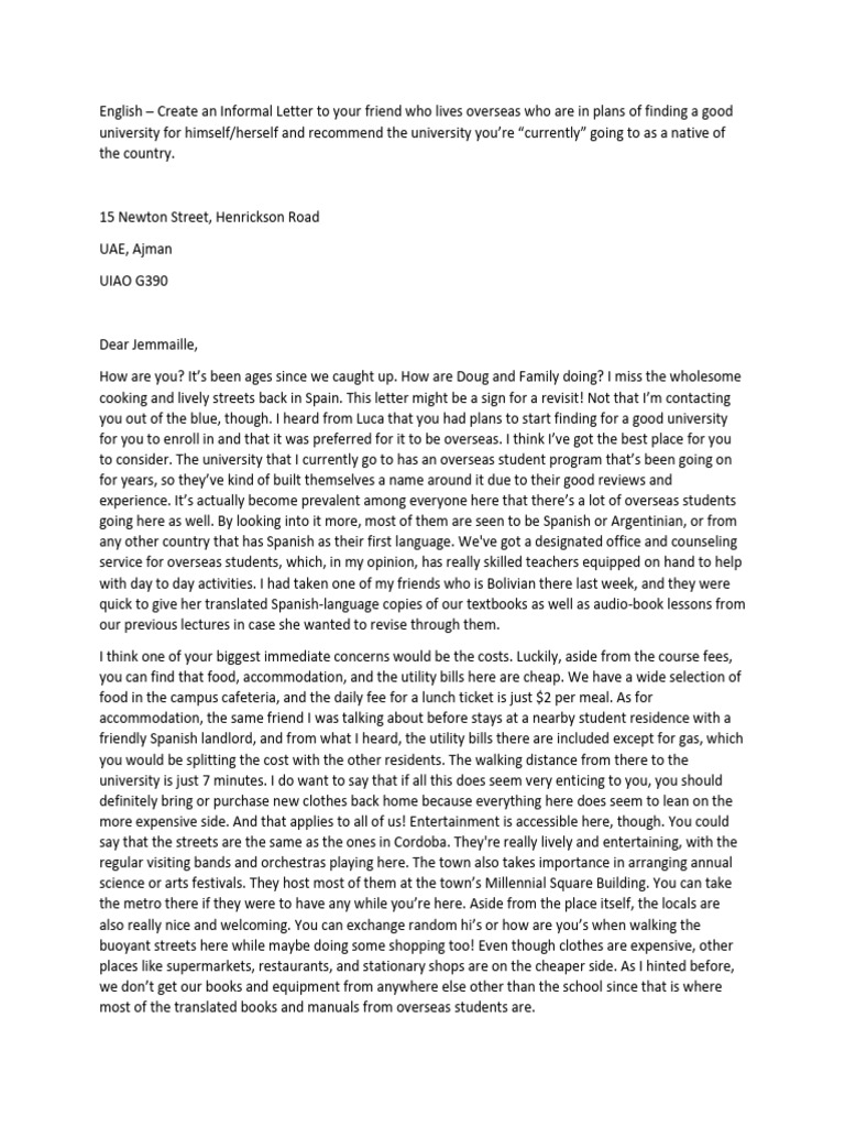 English informal letter recommending your university s overseas
