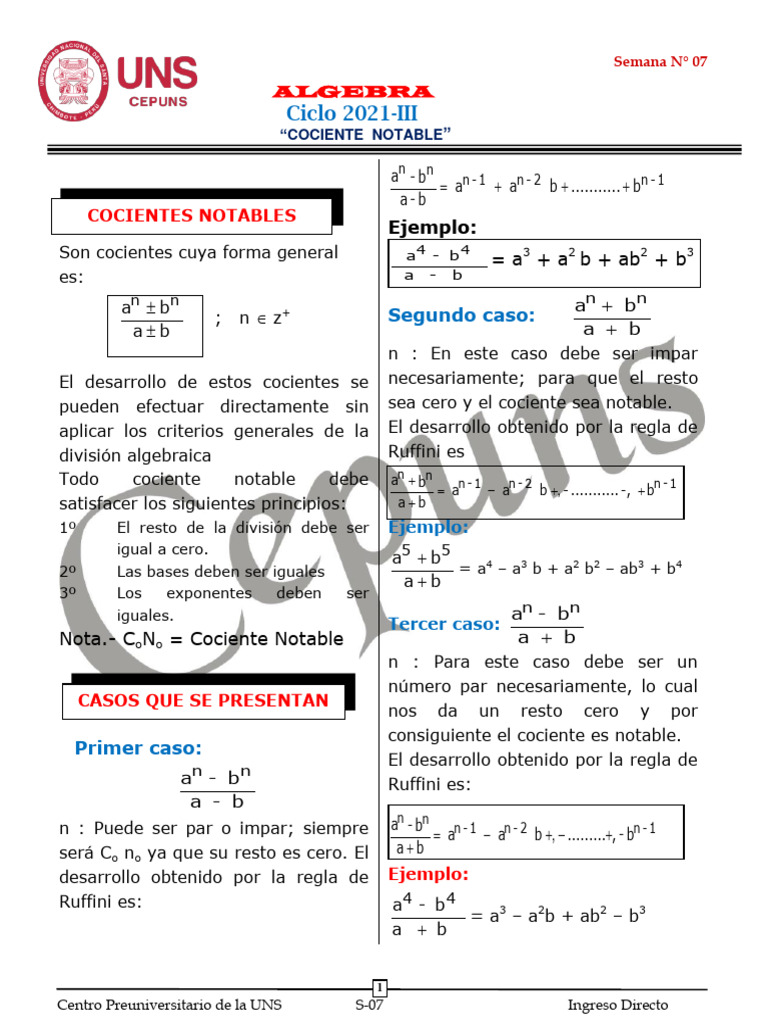 Algebra Semana 7 2021 III | PDF | División (Matemáticas) | Matemáticas