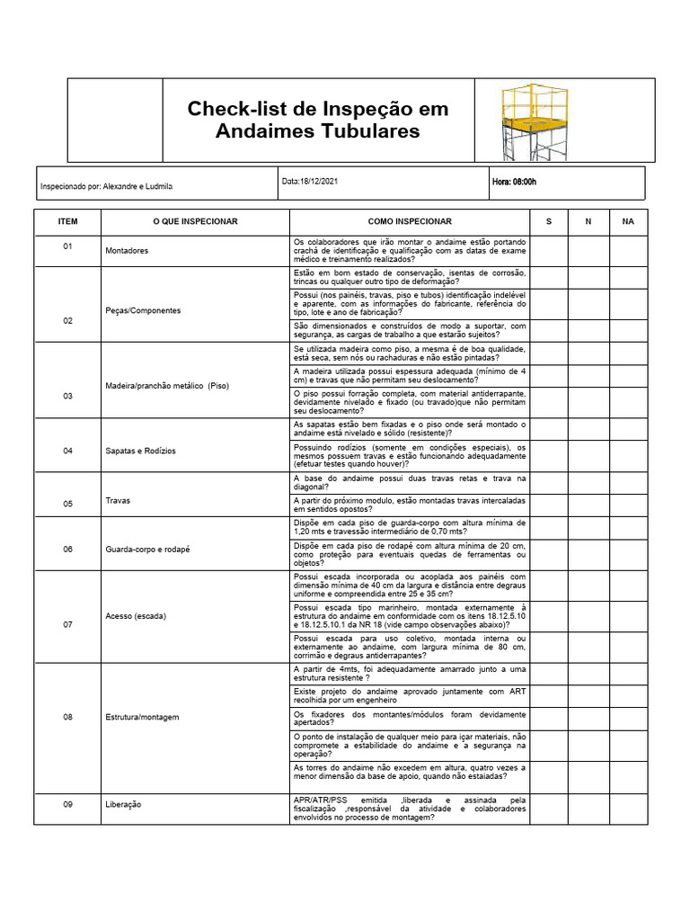 Check-List de Inspecao Andaimes | PDF | Materiais