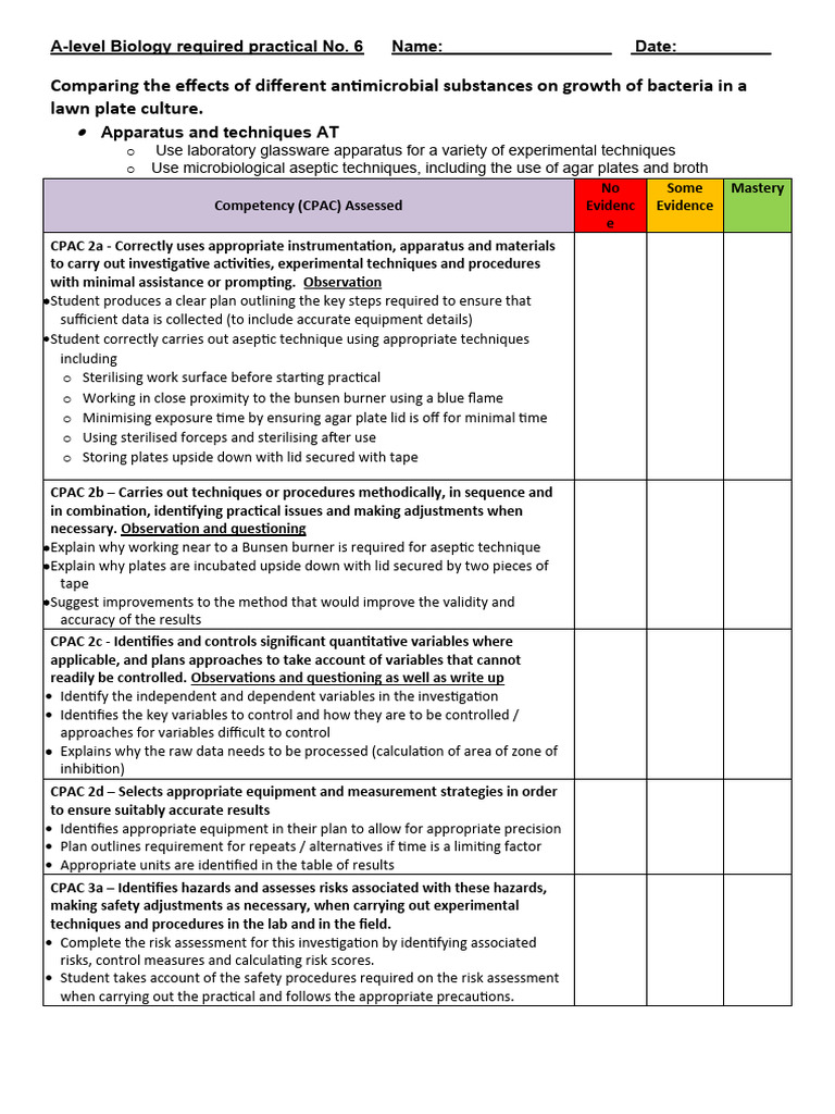 A-Level Biology Aseptic Technique Risk Assessment | PDF | Bacteria ...