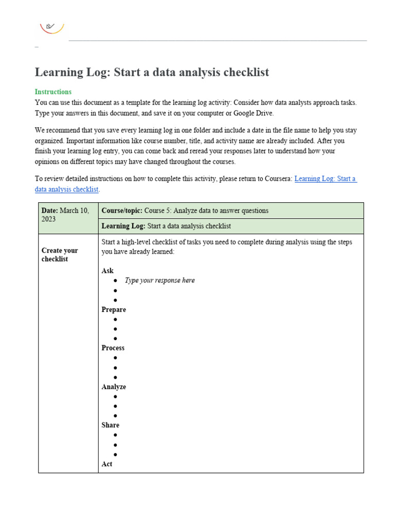 Learning log template start a data analysis checklist pdf