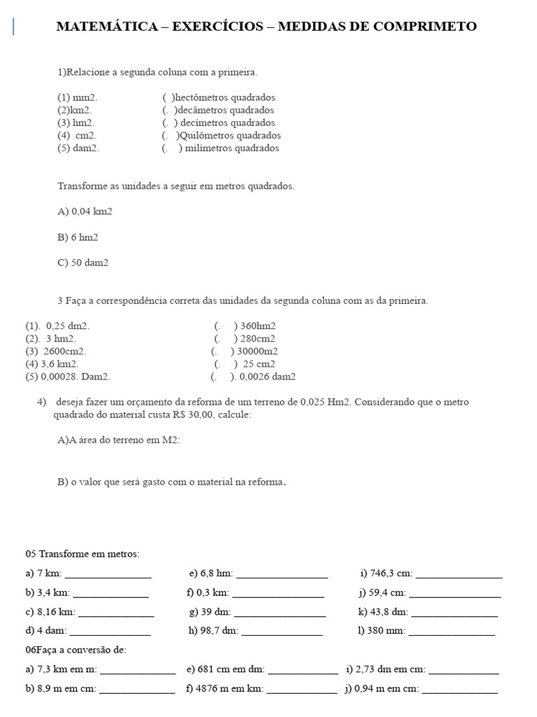 Exercícios de Medidas de Comprimento 6º Ano | PDF | Metro | Duração