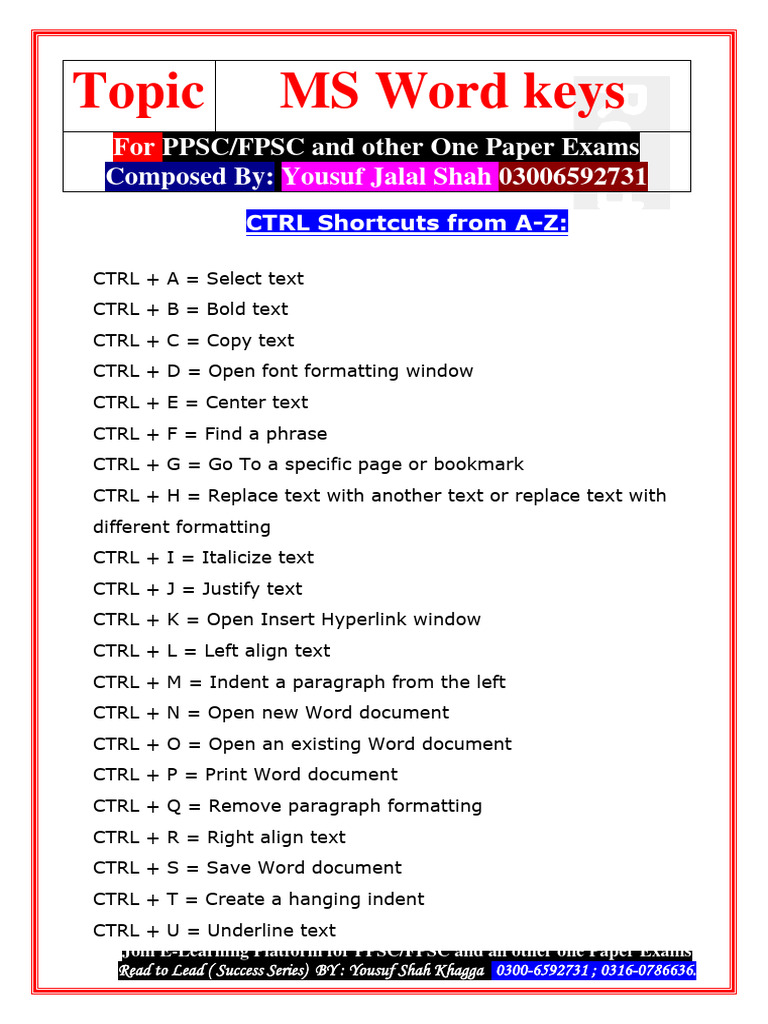 MS Word Shortcut Keys for Exams | PDF