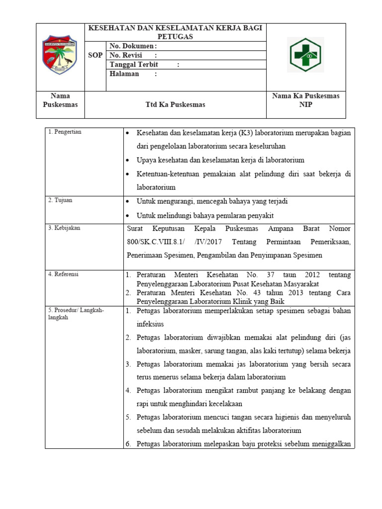 Sop Kesehatan Dan Keselamatan Kerja Bagi Petugas Pdf