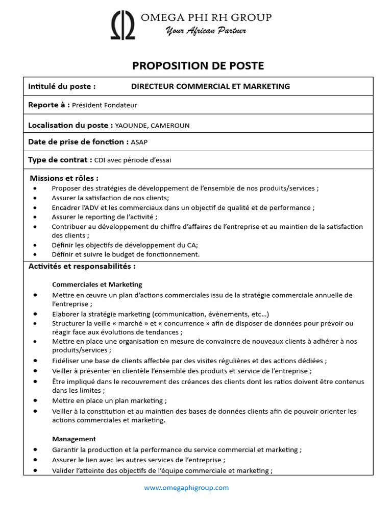 Poste de Directeur Commercial et Marketing | PDF | Commercialisation ...