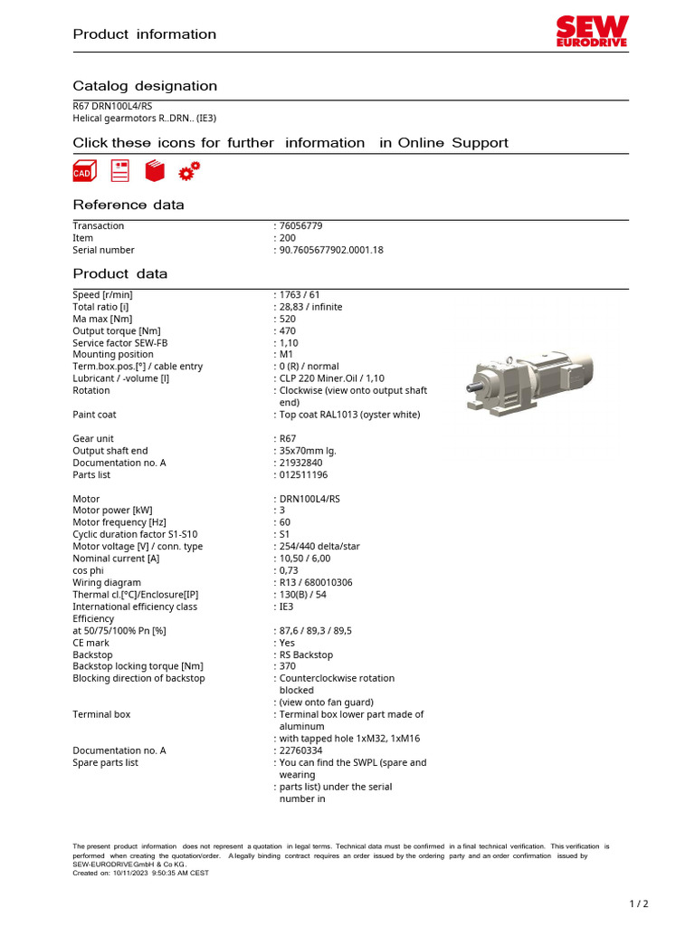 R67 DRN100L4 Gearmotor Specifications | PDF | Manufactured Goods ...
