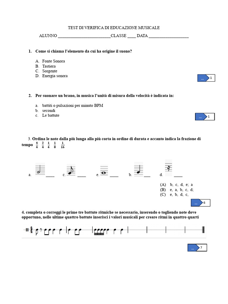Test Di Verifica Di Educazione Musicale 2C | PDF