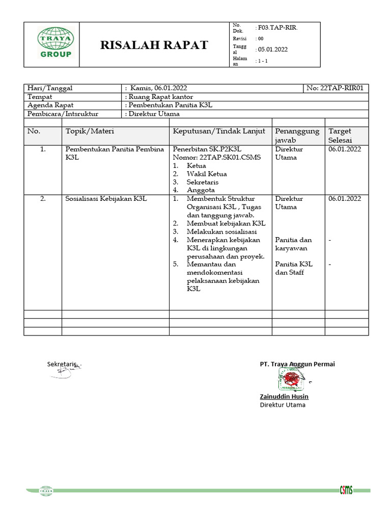 22TAP-RIS01-Risalah Rapat | PDF