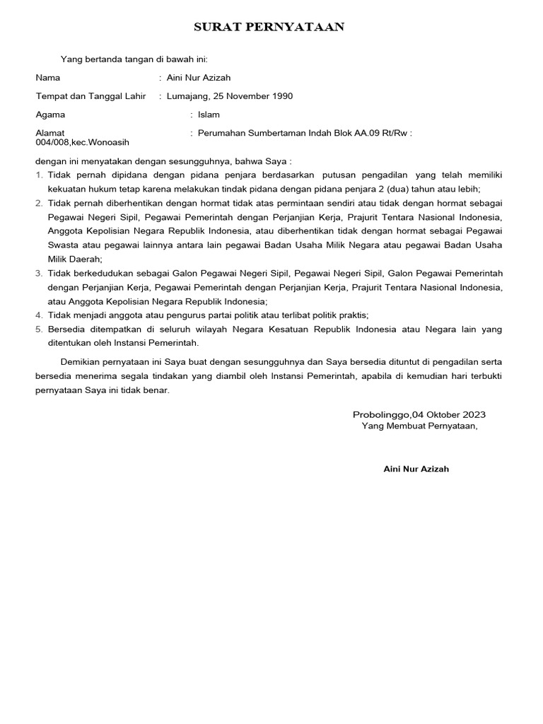 Surat Pernyataan P3K 2023 | PDF