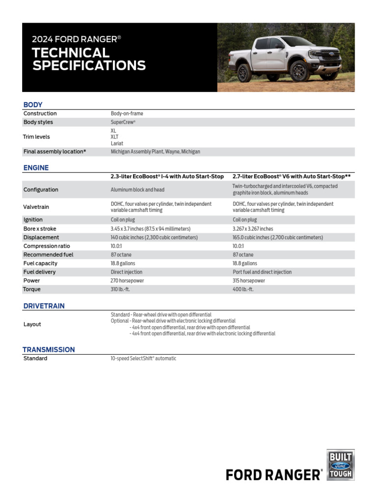 All-New 2024 Ford Ranger Technical Specifications | PDF ...