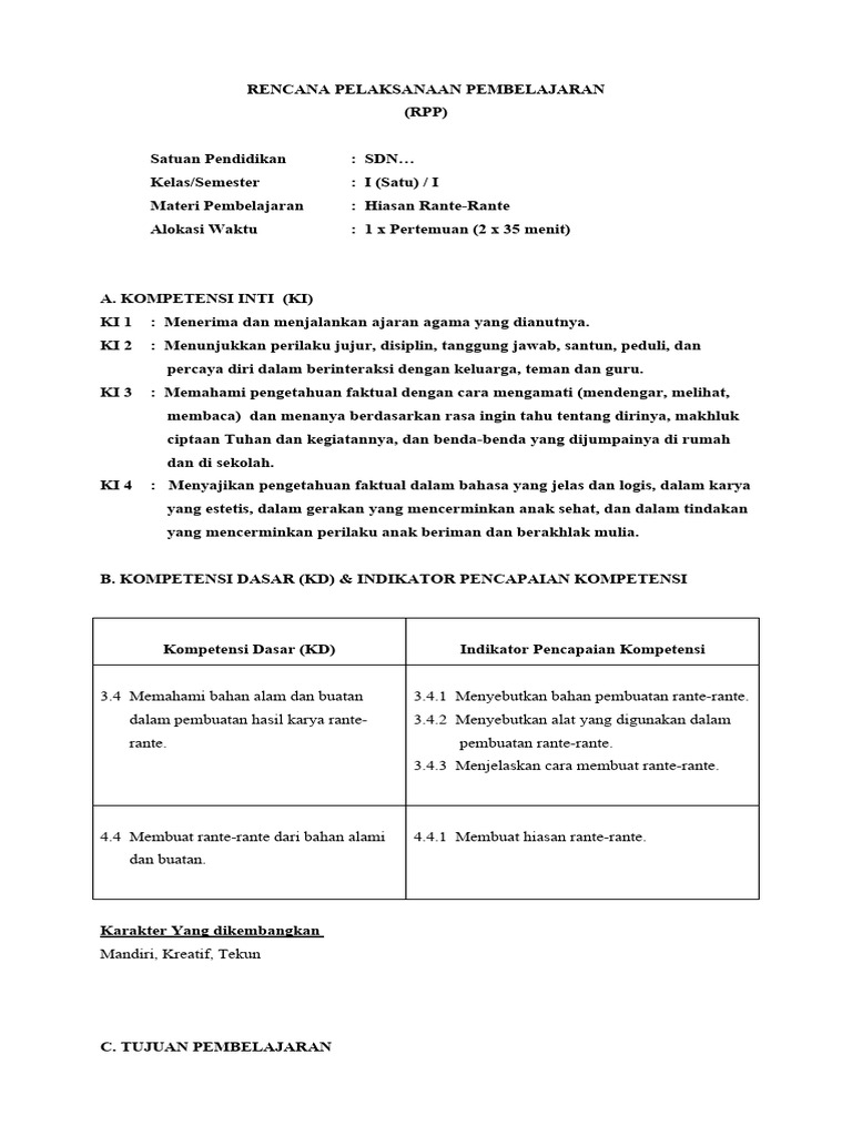 RPP Pembelajaran Hiasan Rante-Rante | PDF