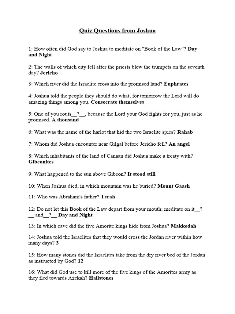 Joshua Bible Quiz Questions & Answers | PDF | Social Science