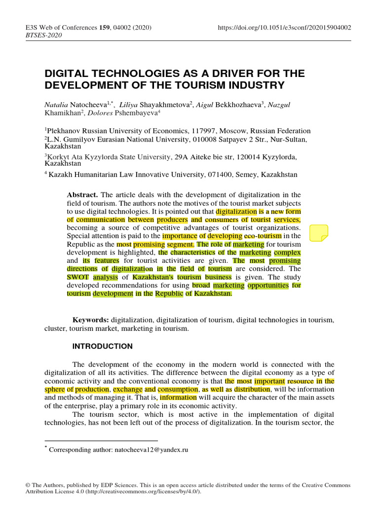 Digital Technologies As A Driver For The Development of The Tourism ...
