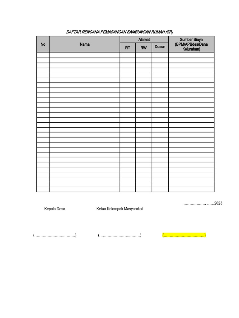 Contoh Format Daftar SR Incash Inkind PDF