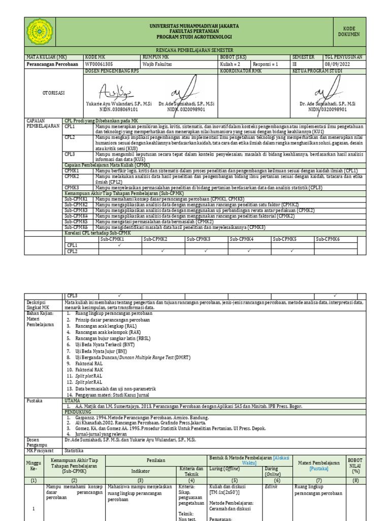 RPS Perancangan Percobaan 2022 | PDF | Teknologi & Rekayasa