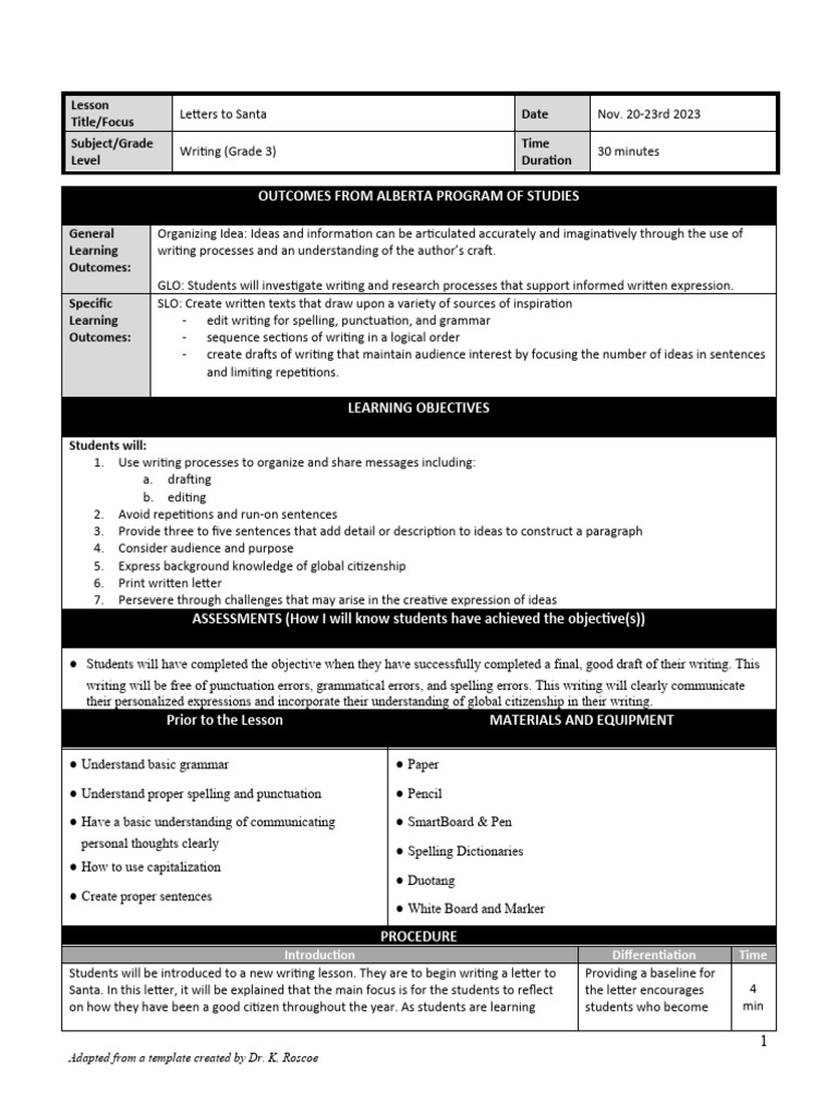 Writing Lesson Plan Nov | PDF