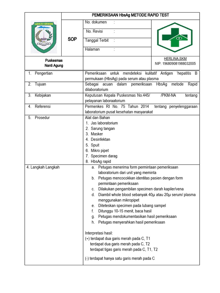 SOP Pemeriksaan HbsAg Rapid Test | PDF
