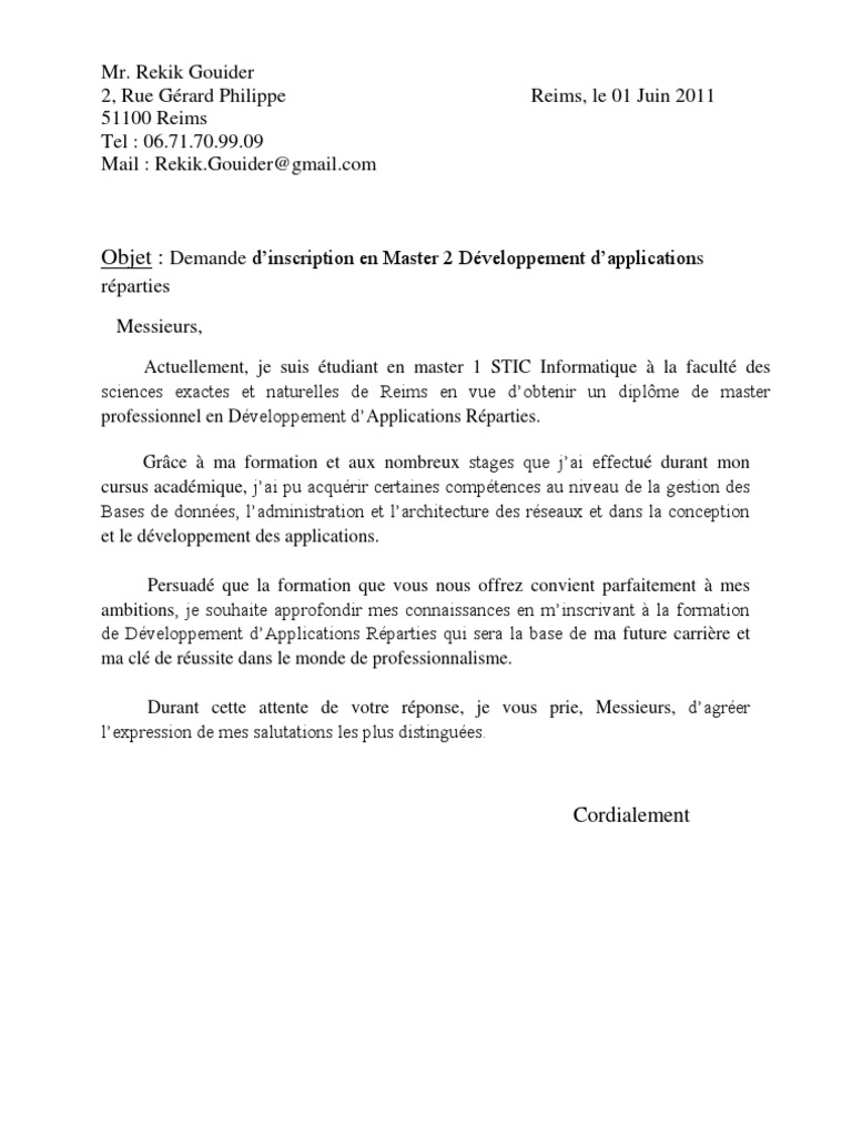 Lettre de Motivation Pour Master 2 DAR