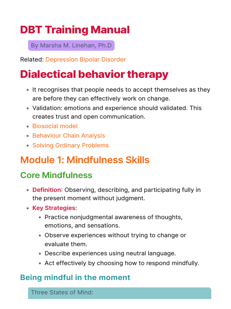 DBT Training Manual PDF Dialectical Behavior Therapy Mindfulness