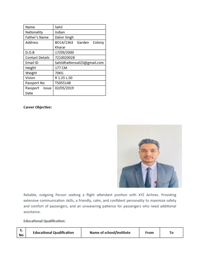 Sample Resume Format Cabin Crew | PDF