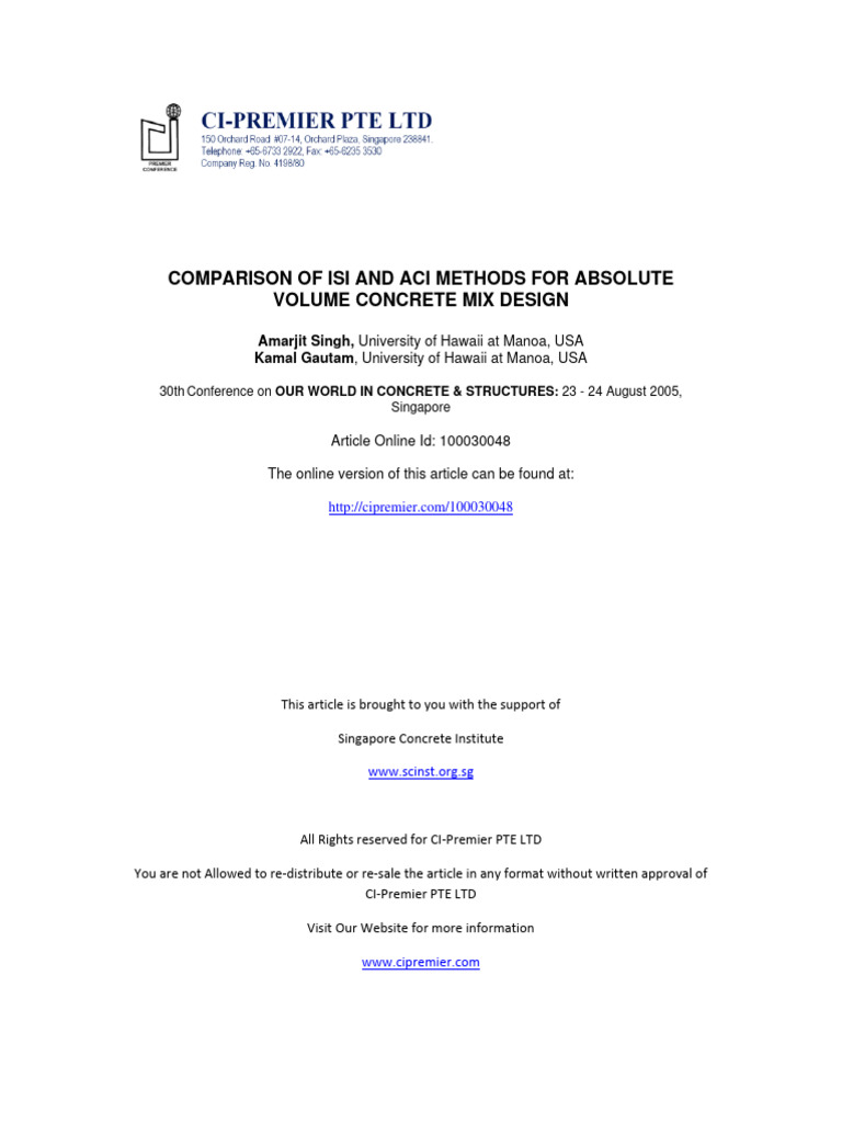 Comparison of Isi and Aci Methods For Absolute Volume Concrete Mix Design PDF Concrete