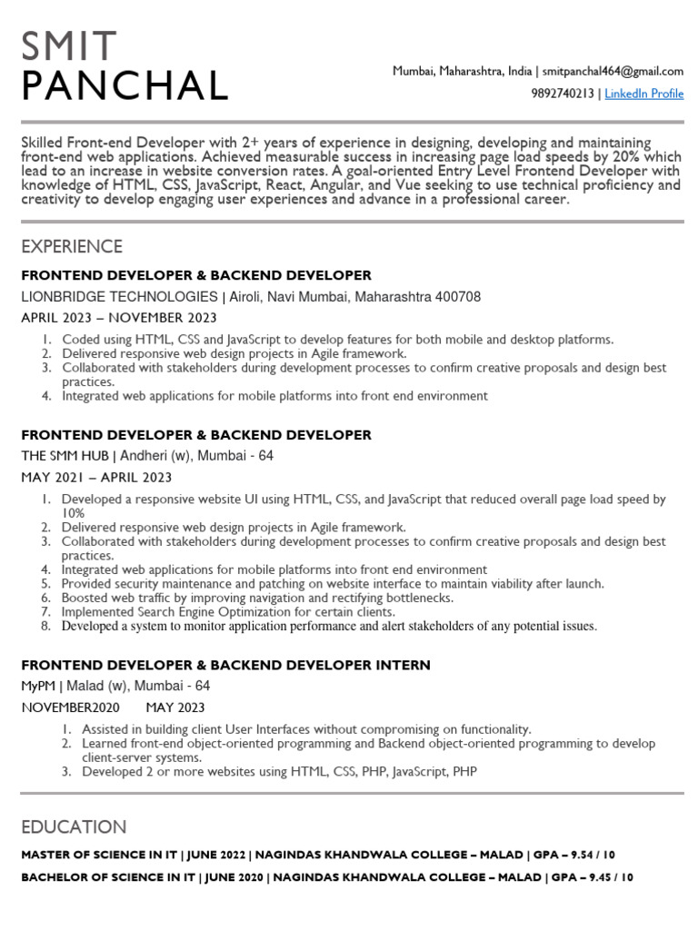 Frontend Developer Resume: Smit Panchal | PDF | Technology & Engineering