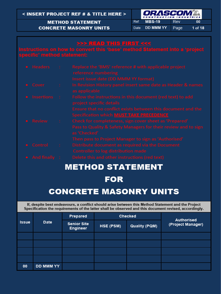 Concrete Masonry Units Method Statement | PDF | Masonry | Concrete