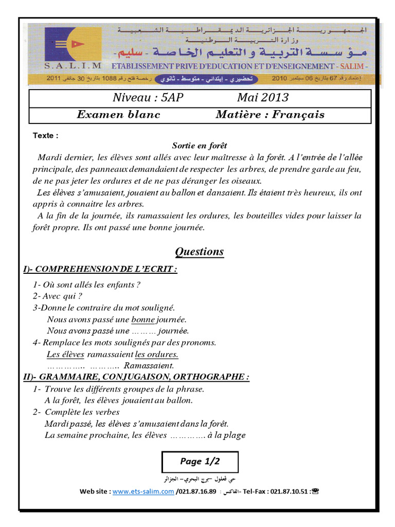 Sortie en forêt : Examen de Français 5AP | PDF | Langues | Études des ...