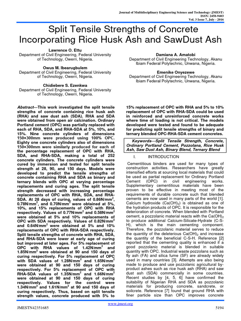 Split Tensile Strengths of Concrete Incorporating Rice Husk Ash and ...