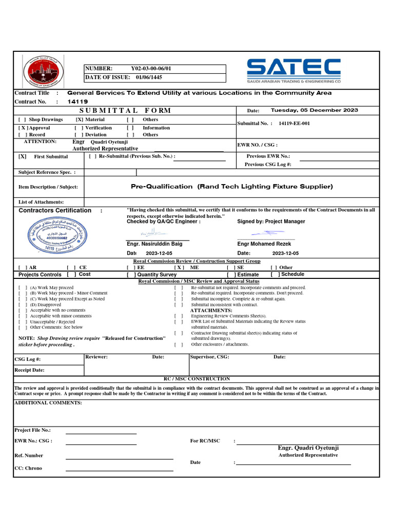 Submittal Form: Pre-Qualification (Rand Tech Lighting Fixture Supplier ...