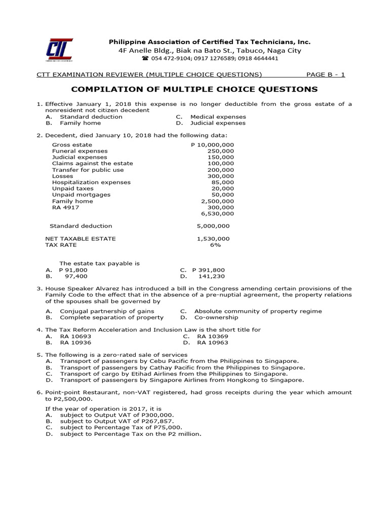CTT Exam Reviewer: Sample Questions | PDF | Value Added Tax | Taxes