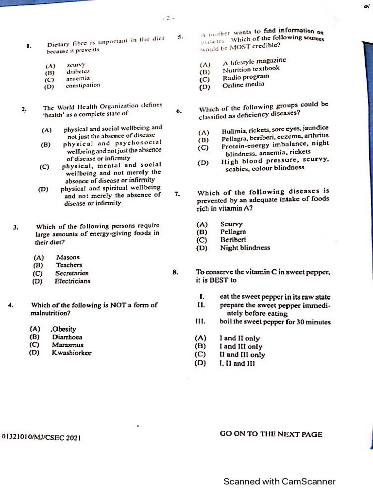 Csec Fnh P1 2021 Pdf