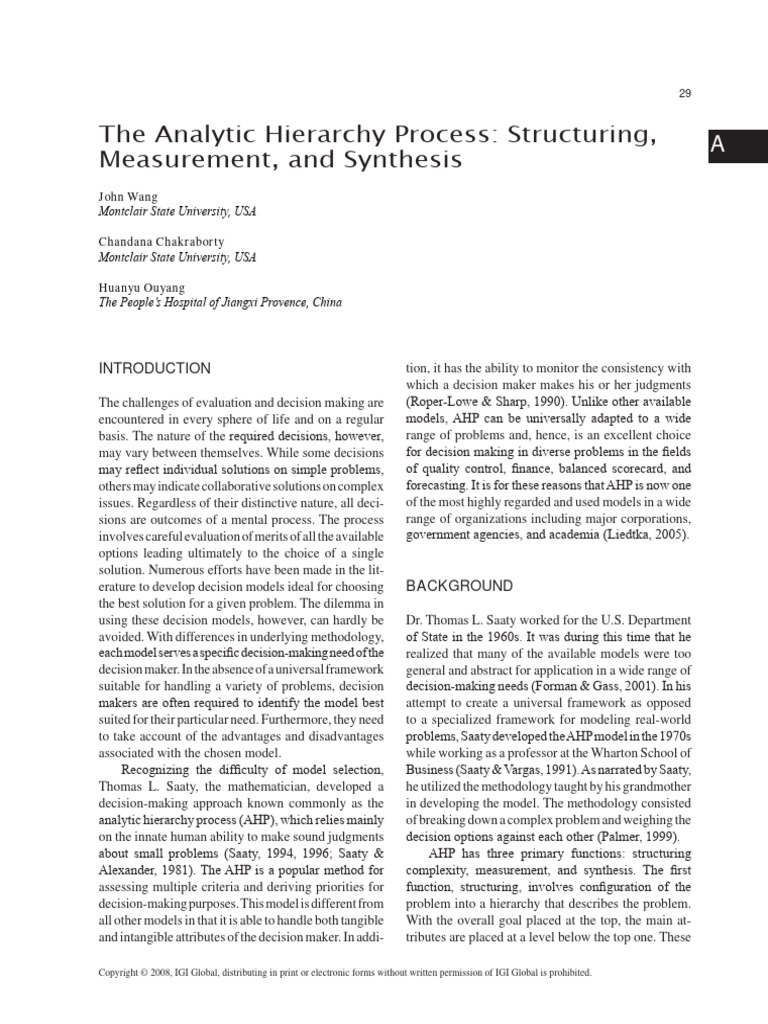 The Analytic Hierarchy Process: Structuring, Measurement, and Synthesis ...