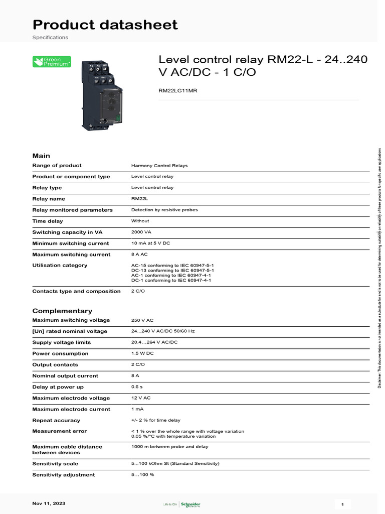 RM22-L Level Control Relay Datasheet | PDF | Relay | Alternating Current