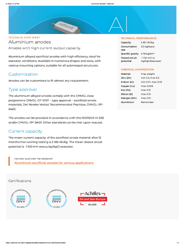 Aluminium Sacrificial Anodes Data Sheet | PDF