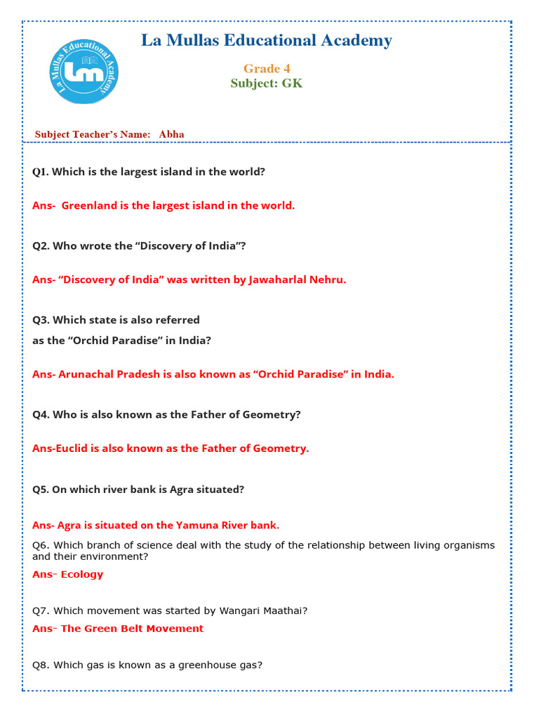 Grade 4 GK Notes | PDF | Travel | Science & Mathematics