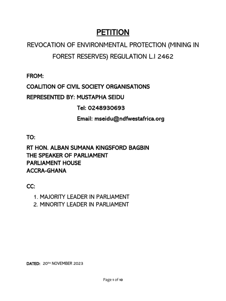 Petition to Revoke Mining Regulation L.I. 2462 | PDF | Reducing ...