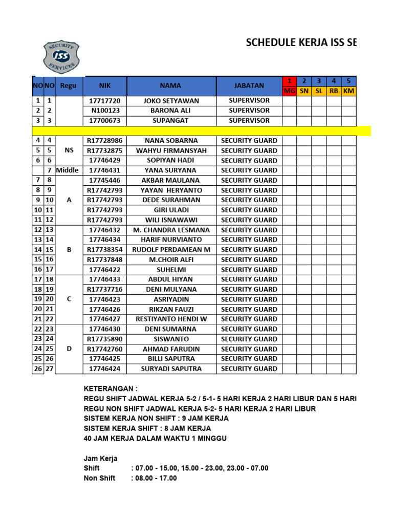 Schedule Kerja Iss Security Service Princenton Digital Group | PDF