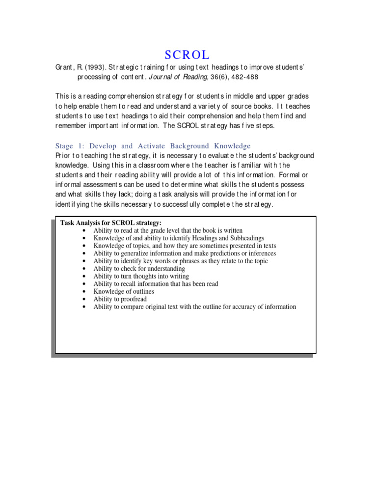 SCROL Strategy for Reading Comprehension | PDF | Ear | Reading ...