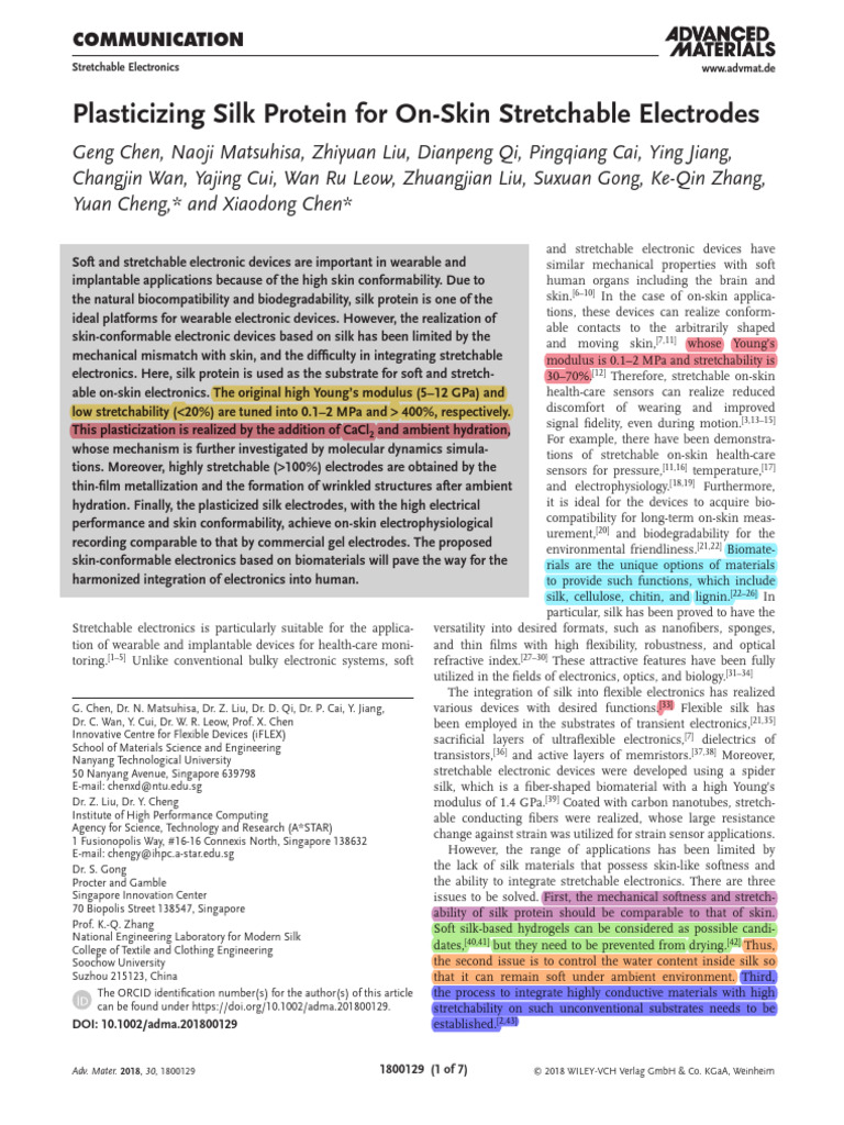 Plasticized Silk for Stretchable Electrodes | PDF | Silk | Hydrogen Bond
