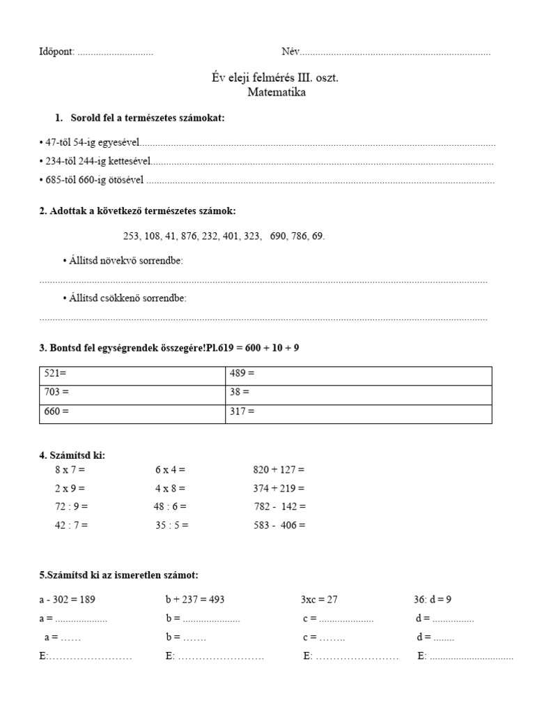 Év Eleji Felmérés - Matematika - III-ik Osztály | PDF