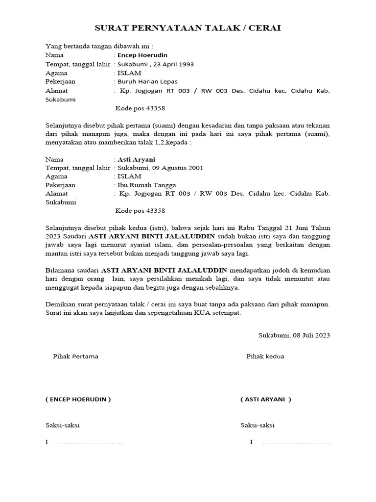 Contoh Surat Pernyataan Talak Cerai 2 | PDF