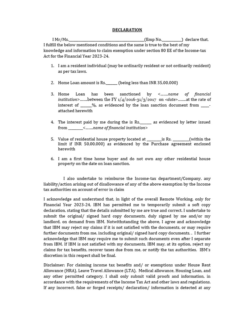 Declaration Home Loan (Section 80EE) 1 PDF Loans Taxes