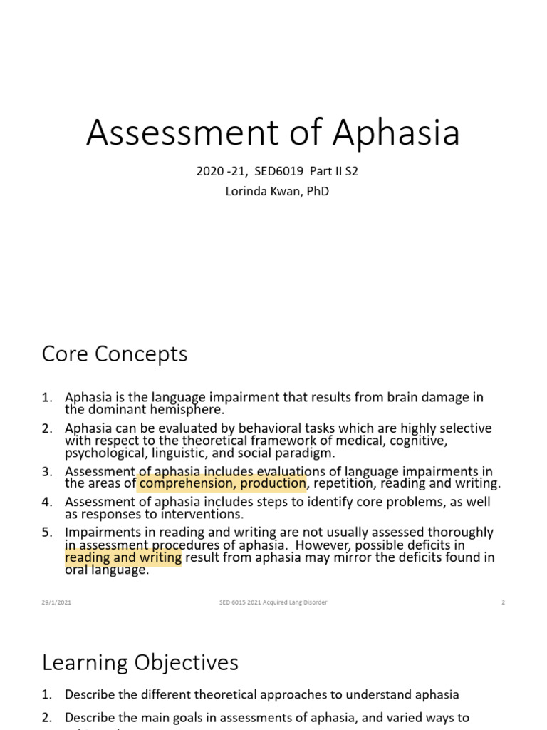 Comprehensive Aphasia Assessment Guide | PDF | Aphasia | Speech