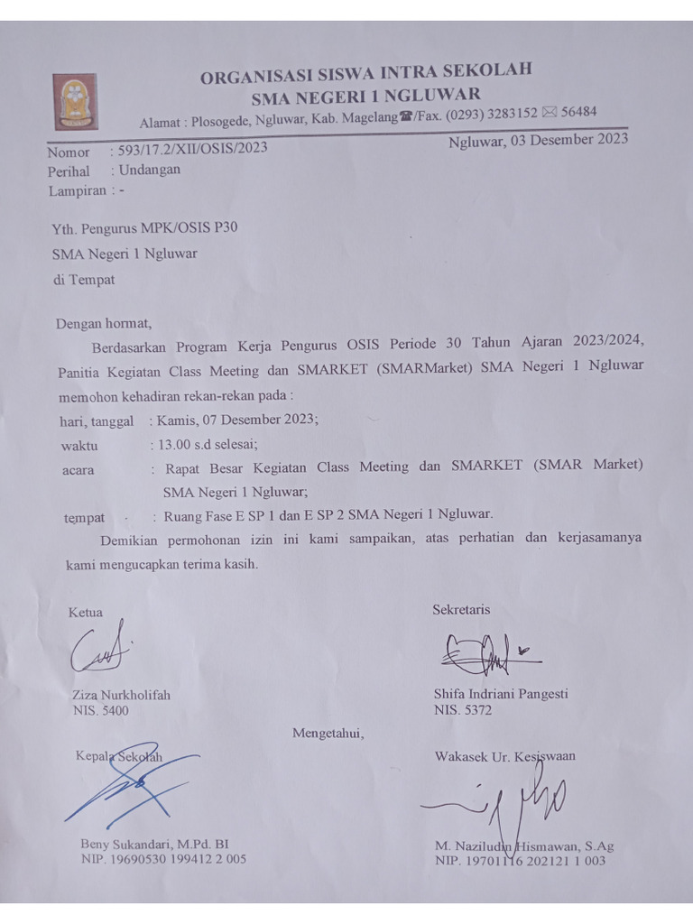 UNDANGAN RAPAT BESAR KEGIATAN CLASS MEETING PENGURUS MPKOSIS | PDF