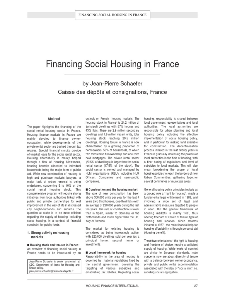 Financing Social Housing in France PDF Public Housing Loans